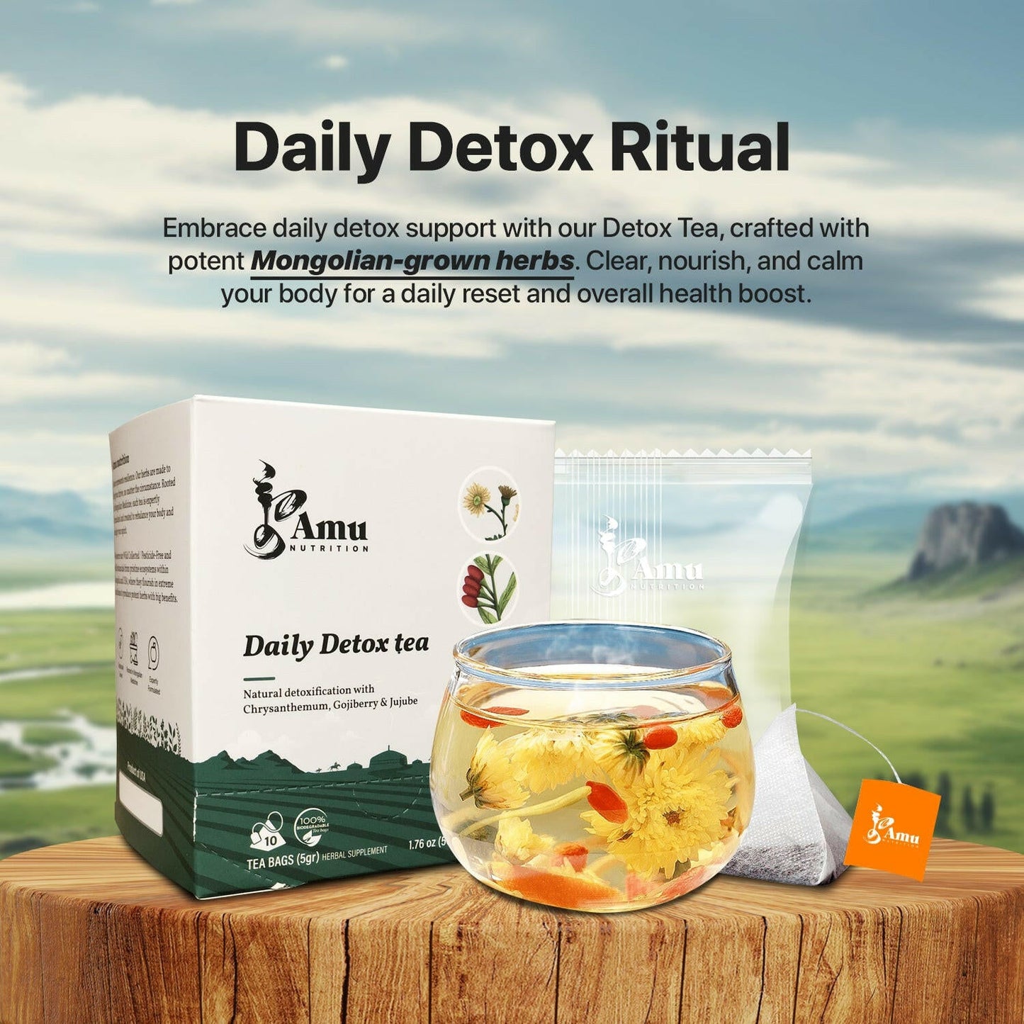 Daily Detox Tea – Gentle liver support for modern diets with Chrysanthemum, Goji Berry and Jujube- 10 Sugarcane tbgs
