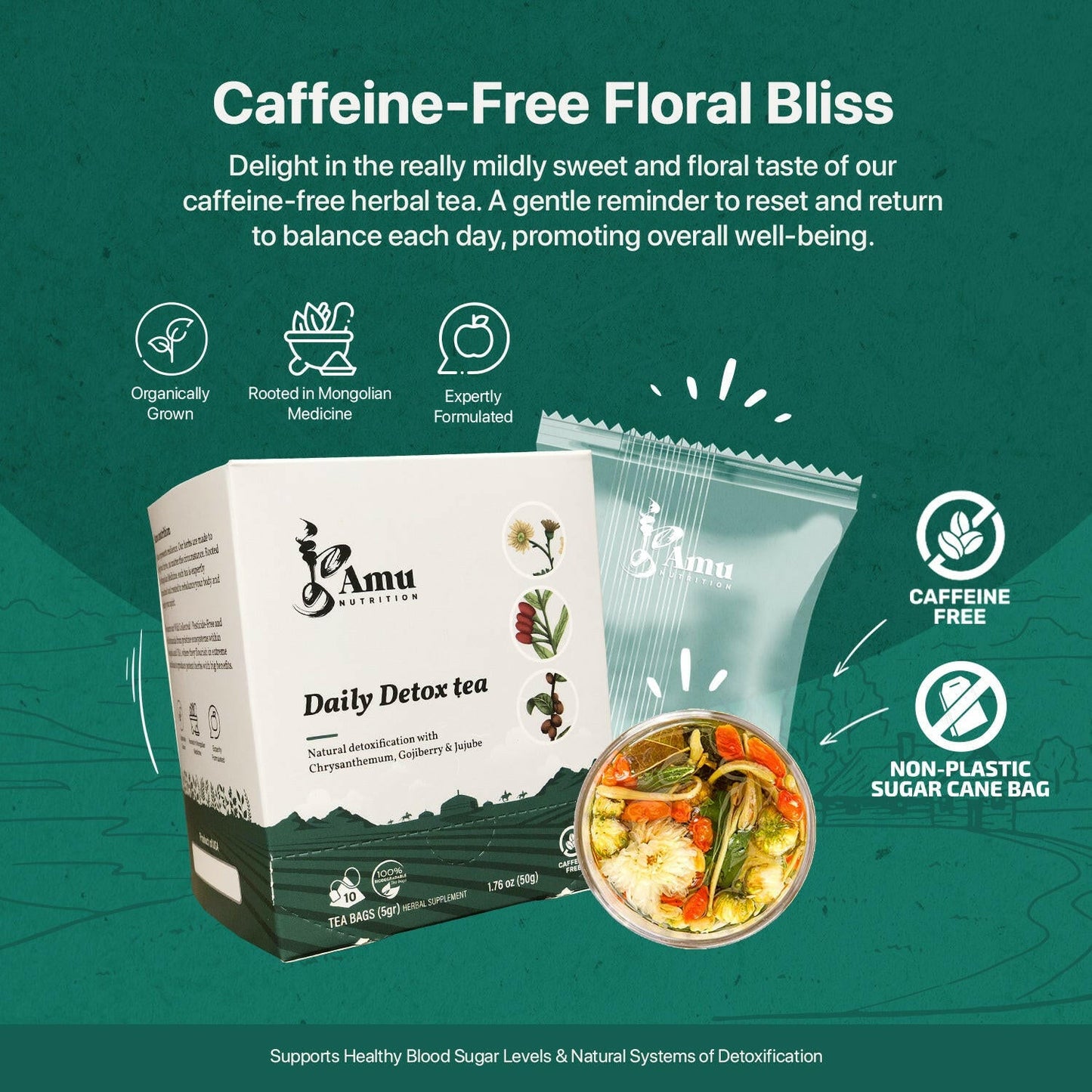 Daily Detox Tea – Gentle liver support for modern diets with Chrysanthemum, Goji Berry and Jujube- 10 Sugarcane tbgs